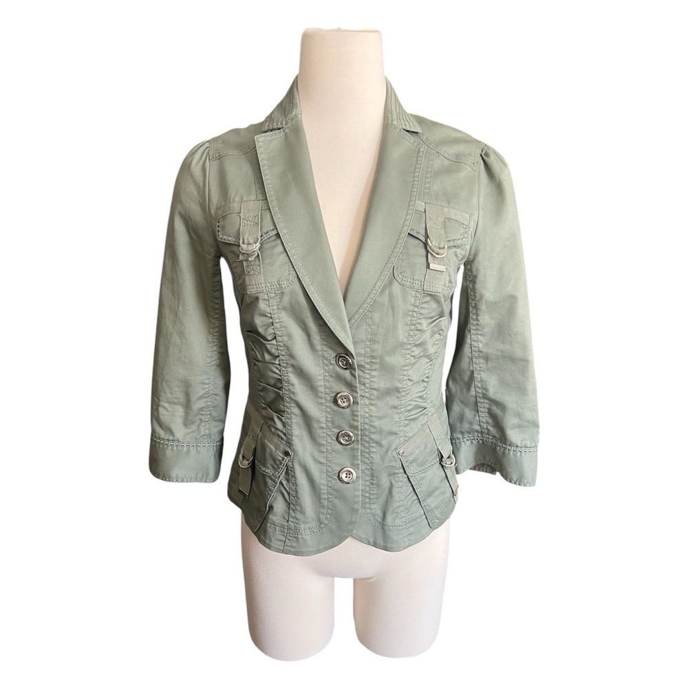 WHBM Military Napoleon Blazer Jacket Green 3/4 Ruched Sleeve Size 8 Gorpcore